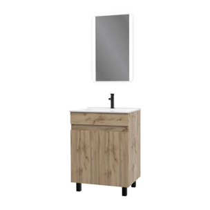 Meuble salle de bain 60x80 - Finition chene naturel - vasque blanche + miroir Led - TIMBER 60