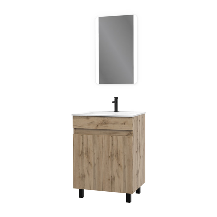Meuble salle de bain 60x80 - Finition chene naturel - vasque blanche + miroir Led - TIMBER 60