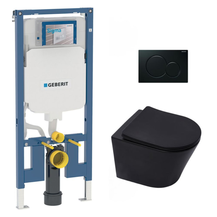Pack WC sans bride Infinitio Noir mat + Abattant softclose slim + Bâti support Geberit Extra-plat UP720 + Plaque Noir brillante