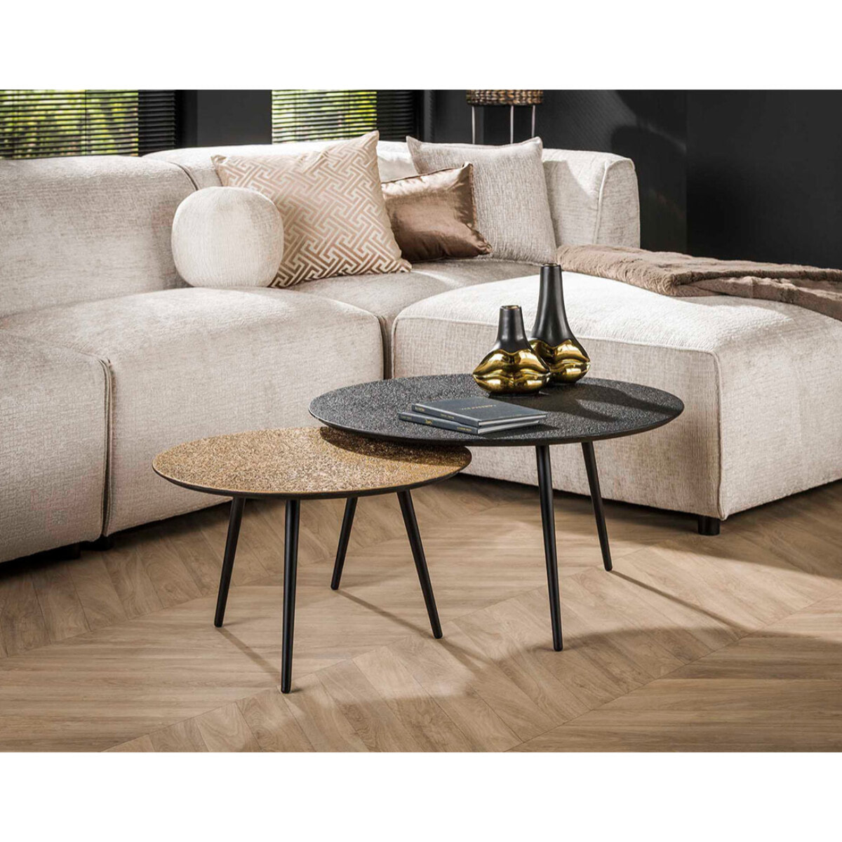 Kahoni - lot de 2 tables basses gigognes - doré et noir - 74 et 58 cm - Noir / Doré