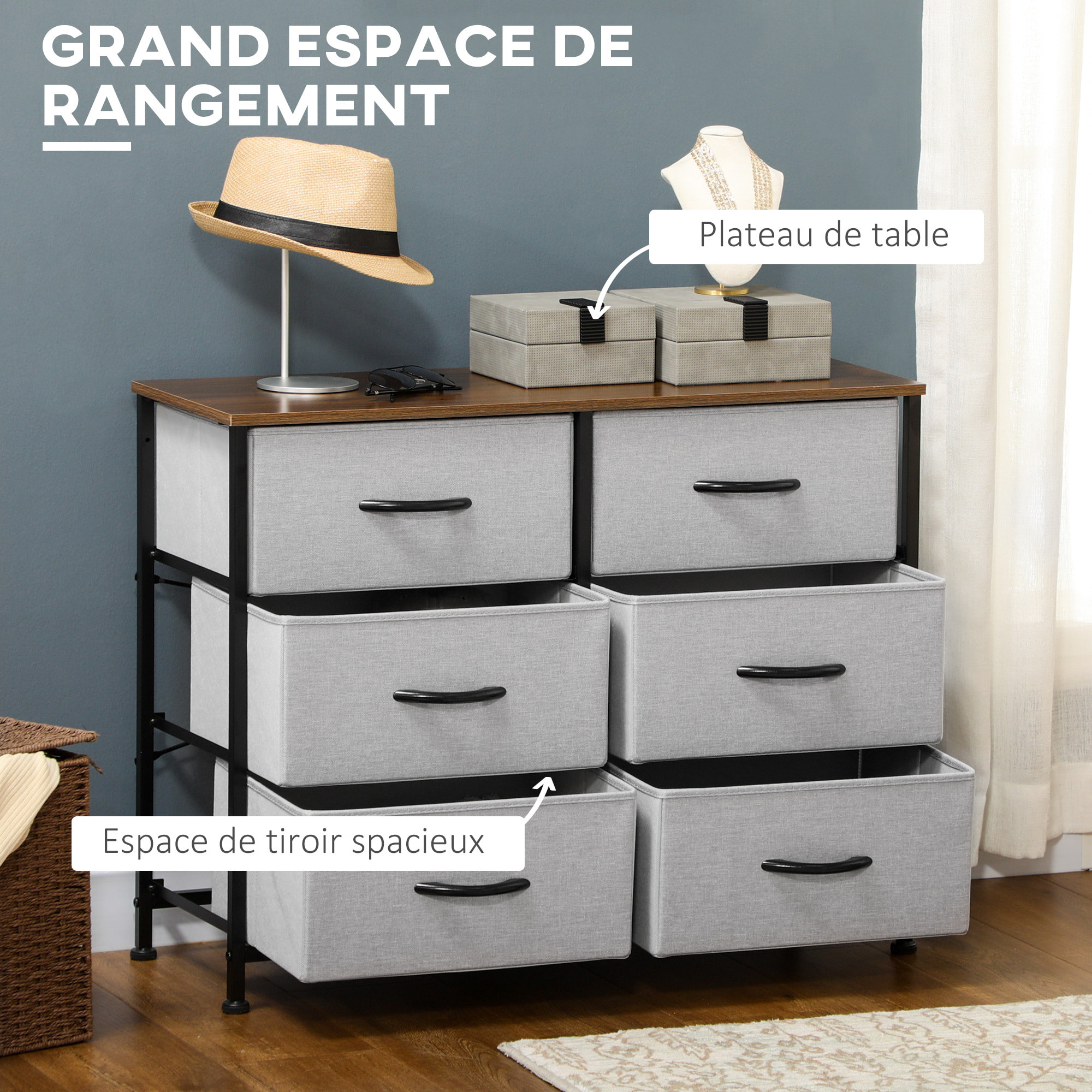 Commode meuble de rangement 6 tiroirs pliables châssis acier noir plateau aspect bois non tissé gris