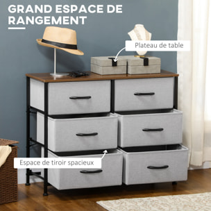 Commode meuble de rangement 6 tiroirs pliables châssis acier noir plateau aspect bois non tissé gris