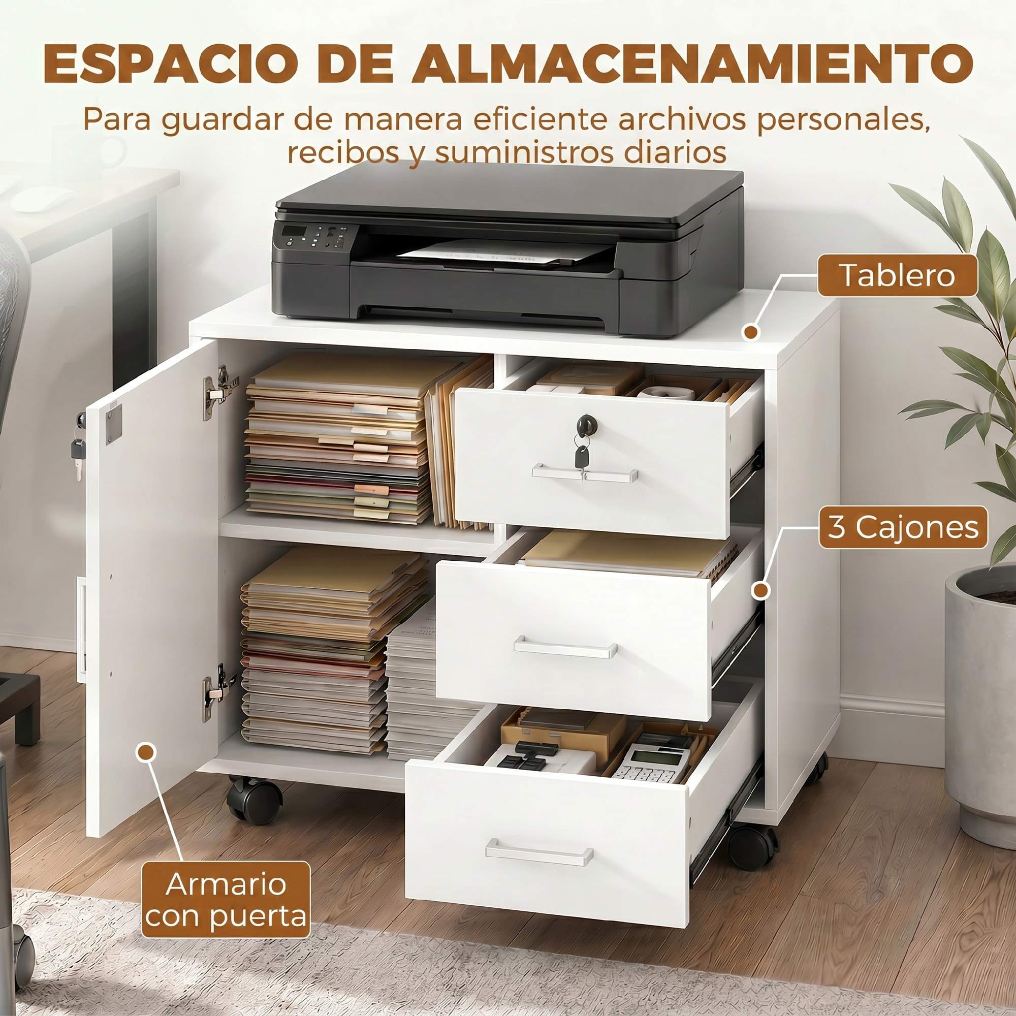 Mueble para Impresora con Ruedas, Mesa para Impresora con Puerta y 3 Cajones, Cerraduras, Estante Ajustable, Archivador Móvil para Oficina en Casa, 60x40x56 cm, Blanco
