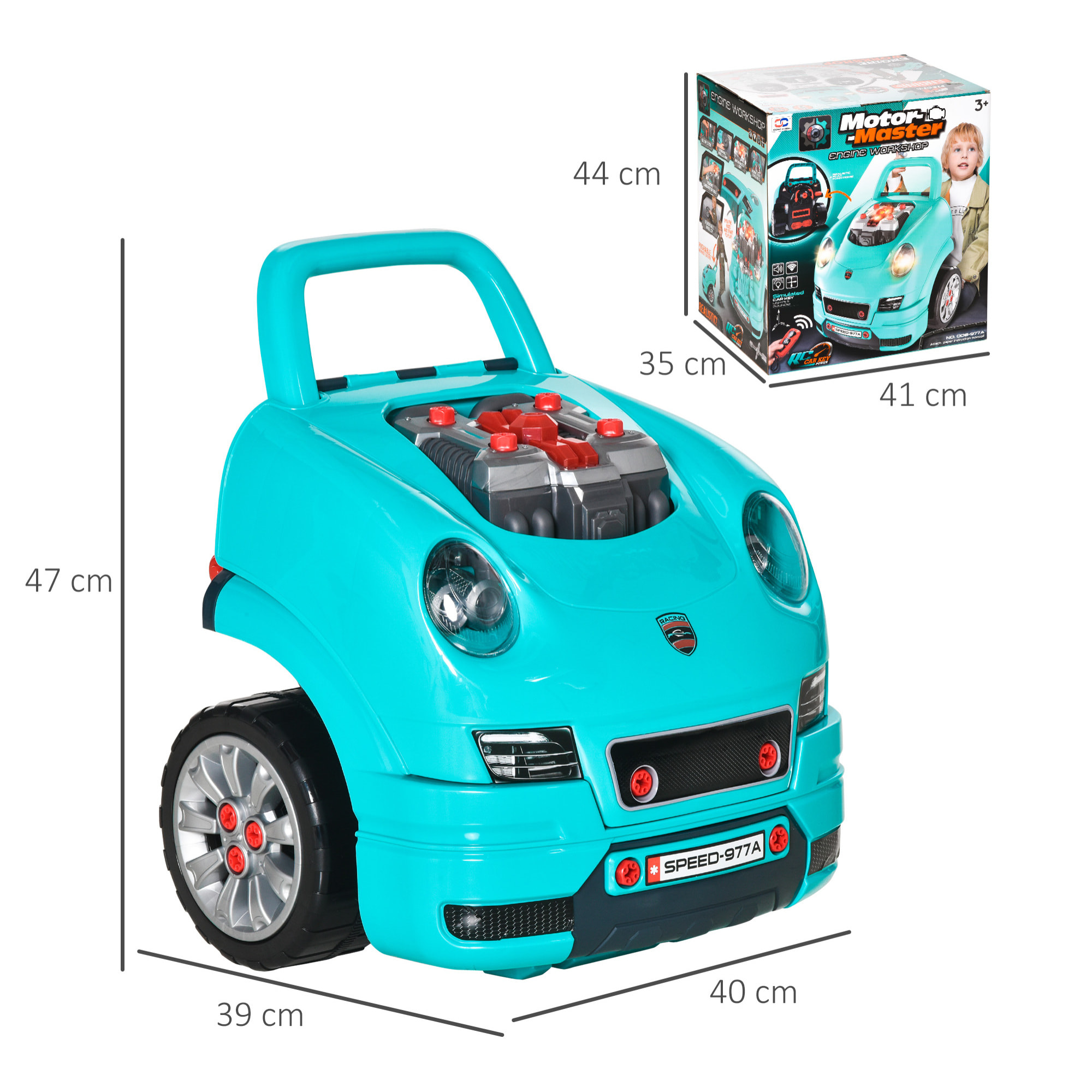 HOMCOM Officina Camion Giocattolo per Bambini 3-5 Anni a 61 Pezzi con Maniglia, in ABS e PP, 40x39x47 cm, Nero e Azzurro