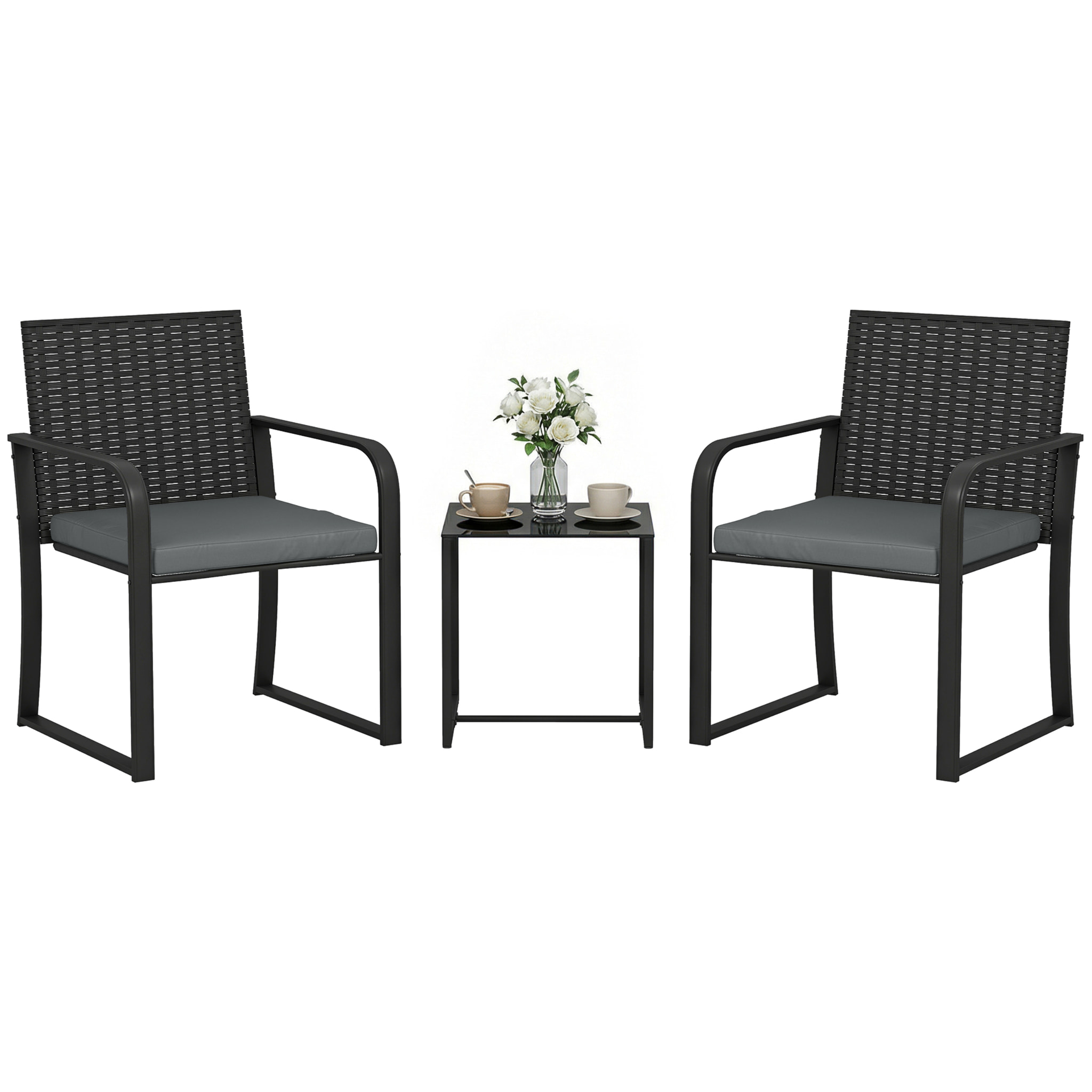 Conjunto de Jardín Exterior de 3 Piezas, Muebles Jardín Exterior de Ratán con 2 Sillas con Cojines, Tela Textilene y Mesa de Vidrio Templado, Resistente a Intemperie, para Balcón, Patio, Gris
