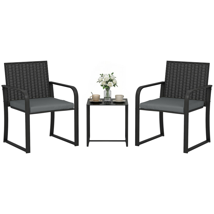 Conjunto de Jardín Exterior de 3 Piezas, Muebles Jardín Exterior de Ratán con 2 Sillas con Cojines, Tela Textilene y Mesa de Vidrio Templado, Resistente a Intemperie, para Balcón, Patio, Gris