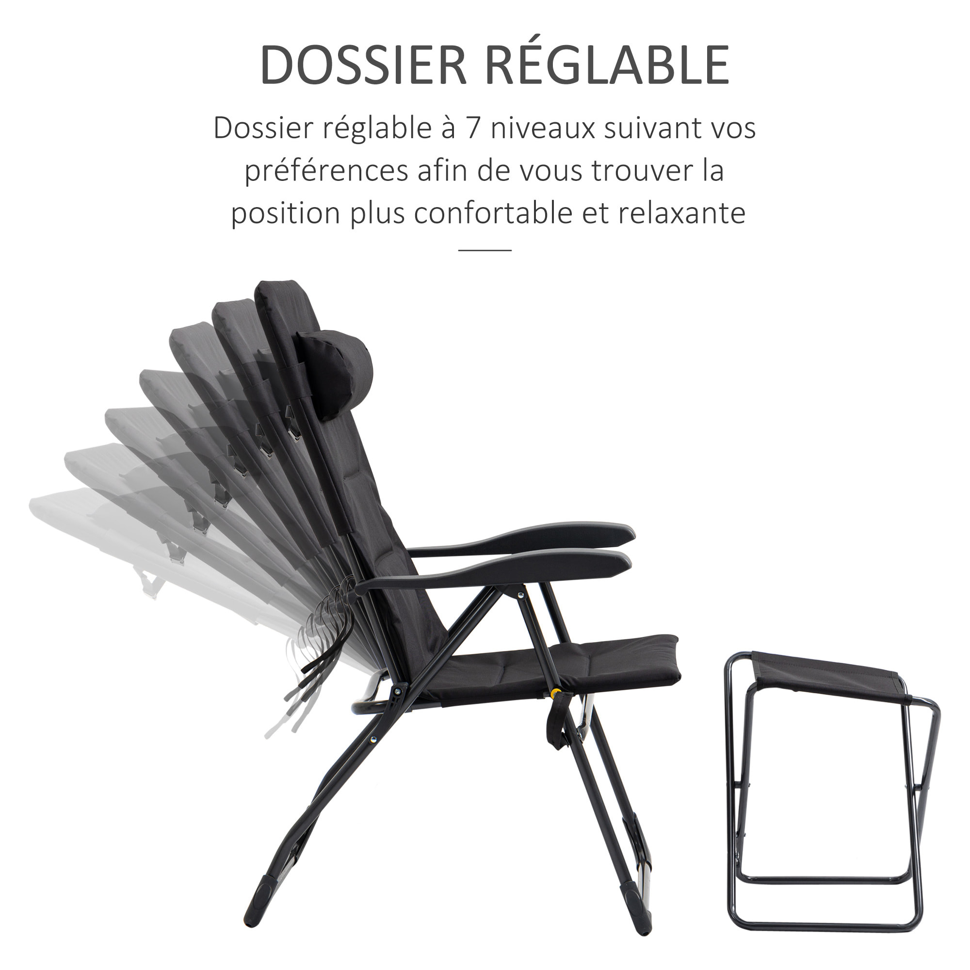 Chaise longue et repose-pied pliables - dossier réglable multi-positions - tétière, poche rangement, poignée - acier époxy polyester noir