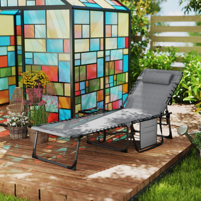 Tumbona Plegable Tumbona Jardín Exterior con Respaldo Ajustable Reposacabezas Bolsillo Lateral Bandeja y Estructura de Acero Carga 120 kg para Terraza Piscina Playa 190x60x31 cm Gris
