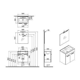 Mia ensemble meuble non assemblé 59x61x39,5 cm + miroir + lavabo céramique +  éclairage LED, blanc brillant (MIASETFP60B)