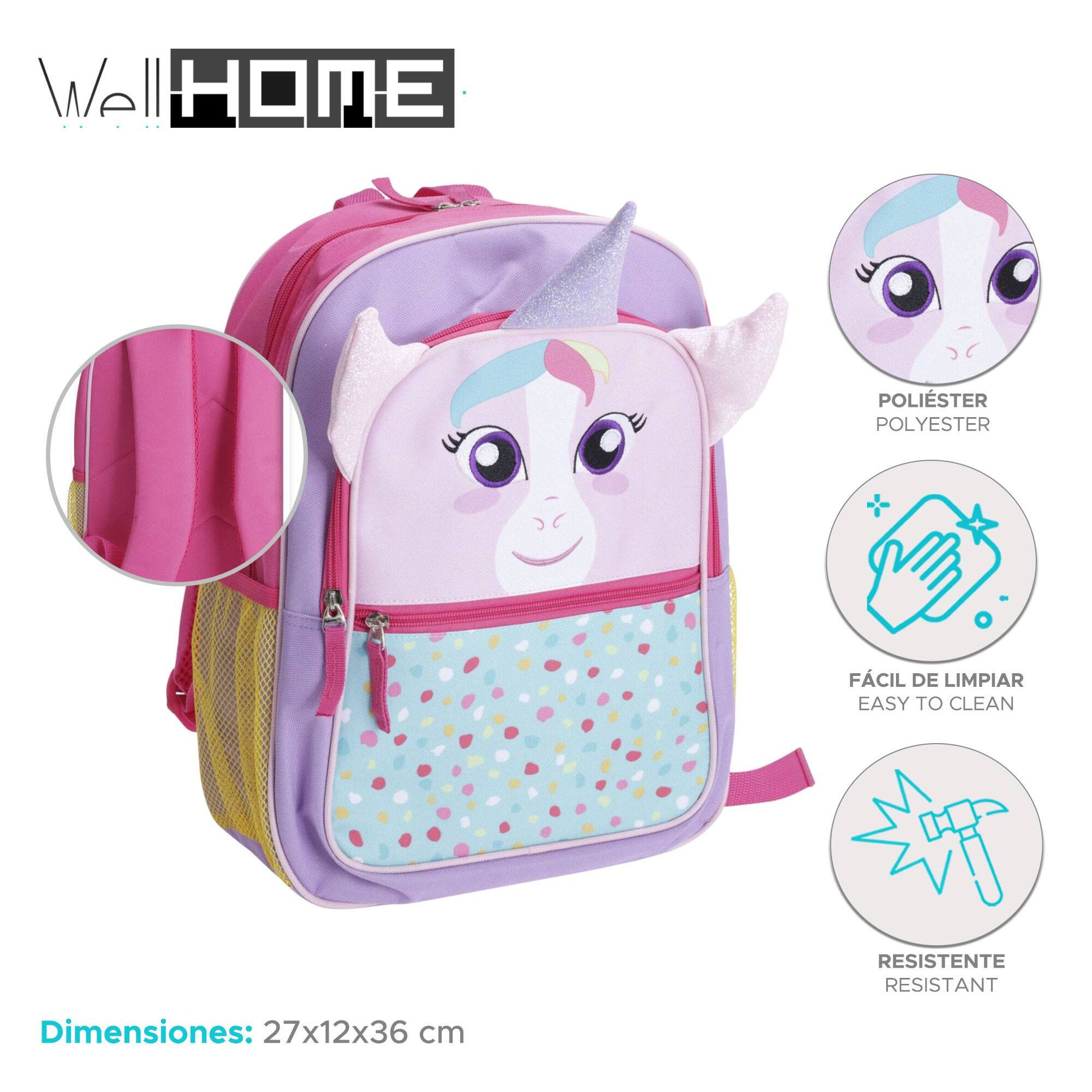 Well home mochila infantil diseño unicornio rosa 27x12x36cm