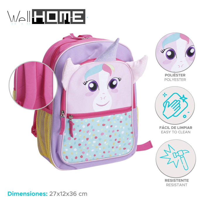 Well home mochila infantil diseño unicornio rosa 27x12x36cm