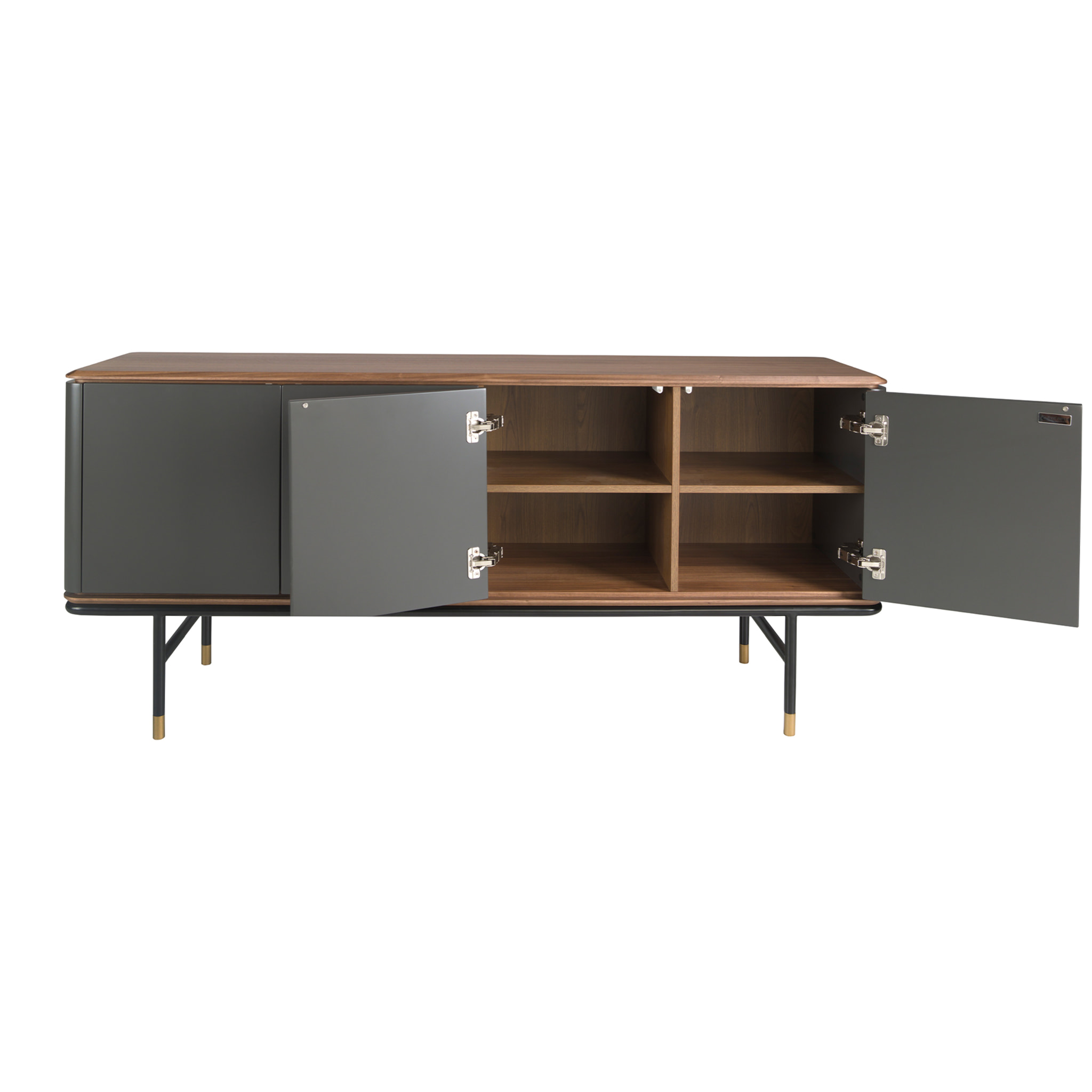 Aparador de madera de MDF en gris oscuro mate y patas de acero inoxidable negro 180x45x79cm