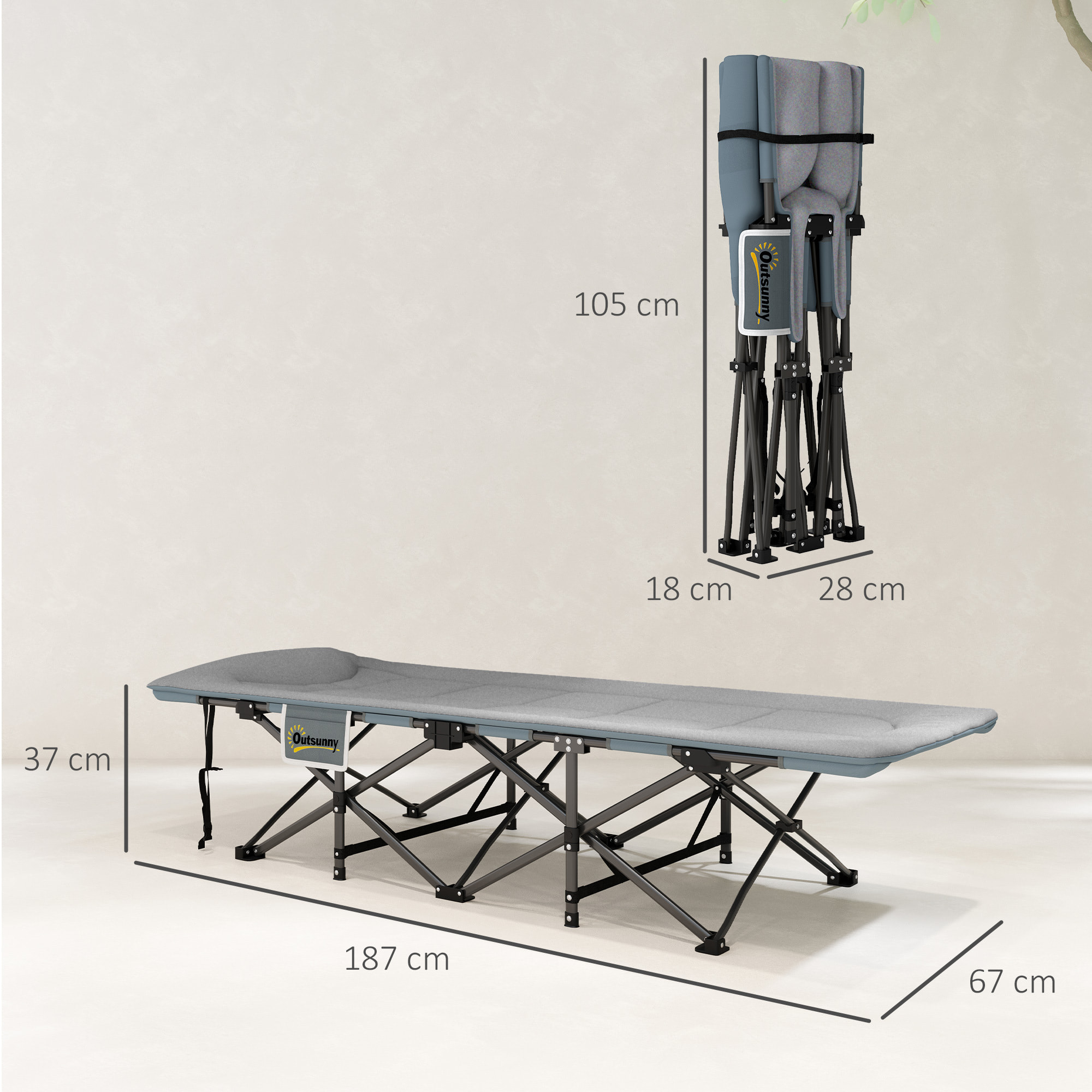 Cama Plegable Camping Cama de Acampada Portátil Tumbona de Camping con Reposacabezas y Bolsillo Lateral Carga 150 kg para Playa Senderismo 187x67x37 cm Gris