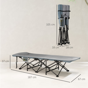 Cama Plegable Camping Cama de Acampada Portátil Tumbona de Camping con Reposacabezas y Bolsillo Lateral Carga 150 kg para Playa Senderismo 187x67x37 cm Gris