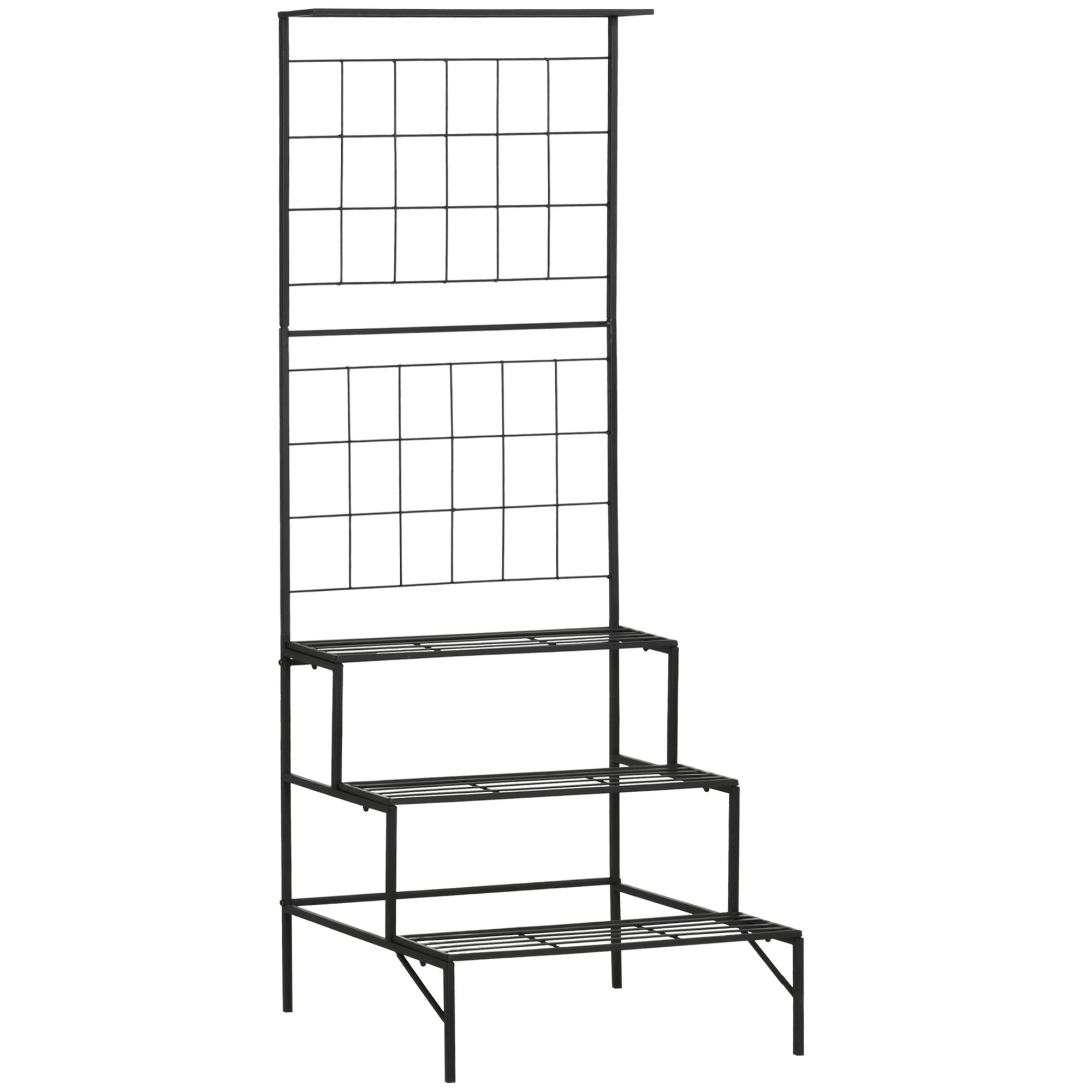 Soporte para Plantas con Enrejado de Metal Estantería para Macetas Trepadoras con 3 Estantes para Terraza Balcón Jardín Exterior e Interior 60x53,5x159,5 cm Negro