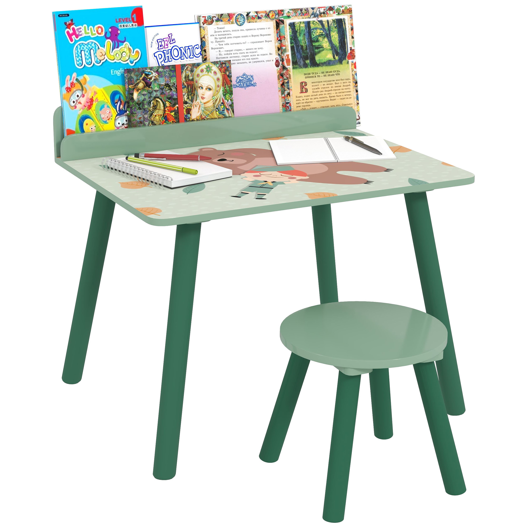 Mesa y Silla Infantiles de 2 Piezas Mesa Infantil con Silla y Estante para Libros Escritorio para Niños de +3 Años para Sala de Juegos Verde