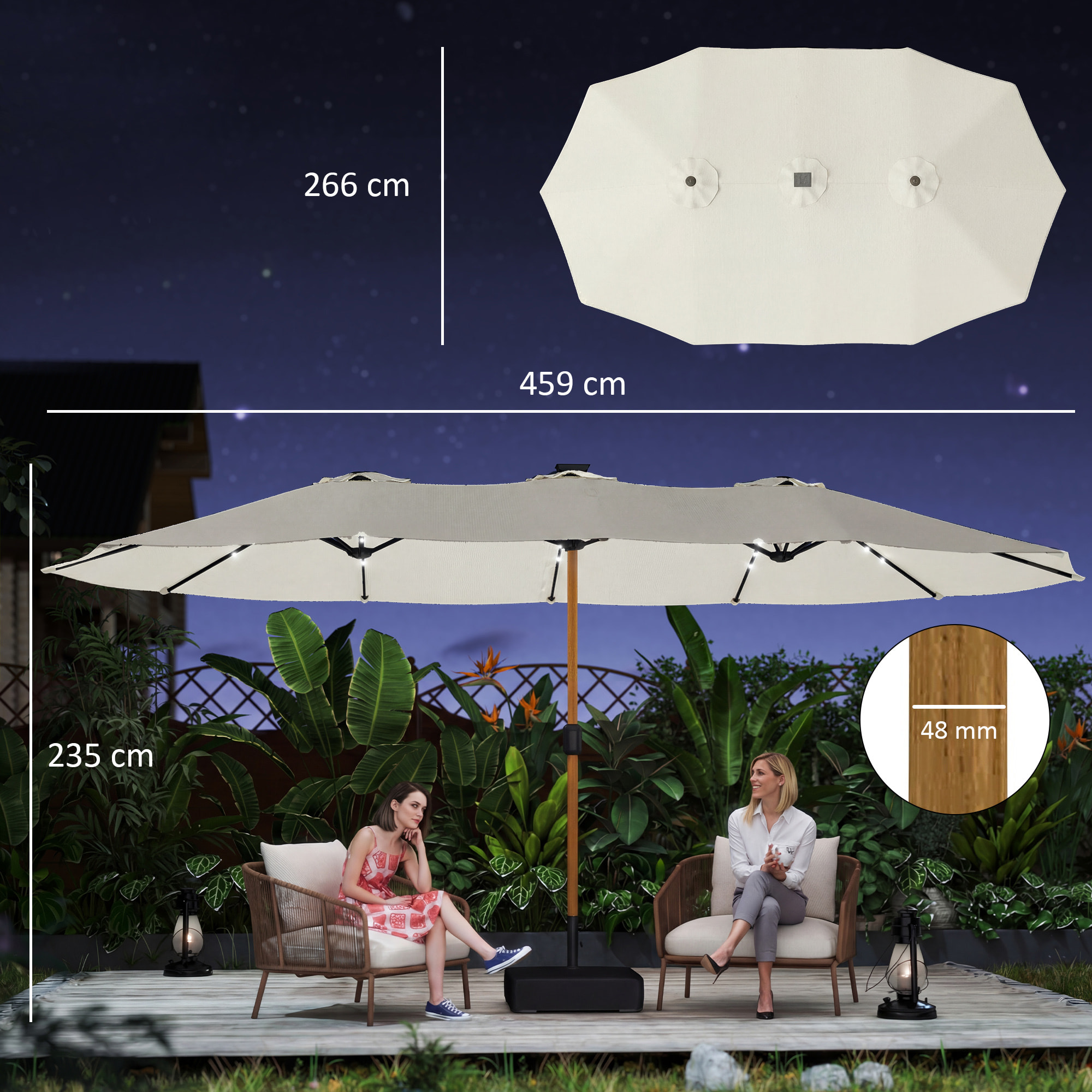 Sombrilla Doble con 48 Luces LED, 4,6x2,6 m, Sombrilla Terraza Exterior con Base Incluida, Manivela, Sacos Arena, Funda, Anti-UV, Resistente al Agua, Parasol para Jardín, Terraza, Crema