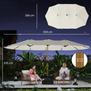 Sombrilla Doble con 48 Luces LED, 4,6x2,6 m, Sombrilla Terraza Exterior con Base Incluida, Manivela, Sacos Arena, Funda, Anti-UV, Resistente al Agua, Parasol para Jardín, Terraza, Crema
