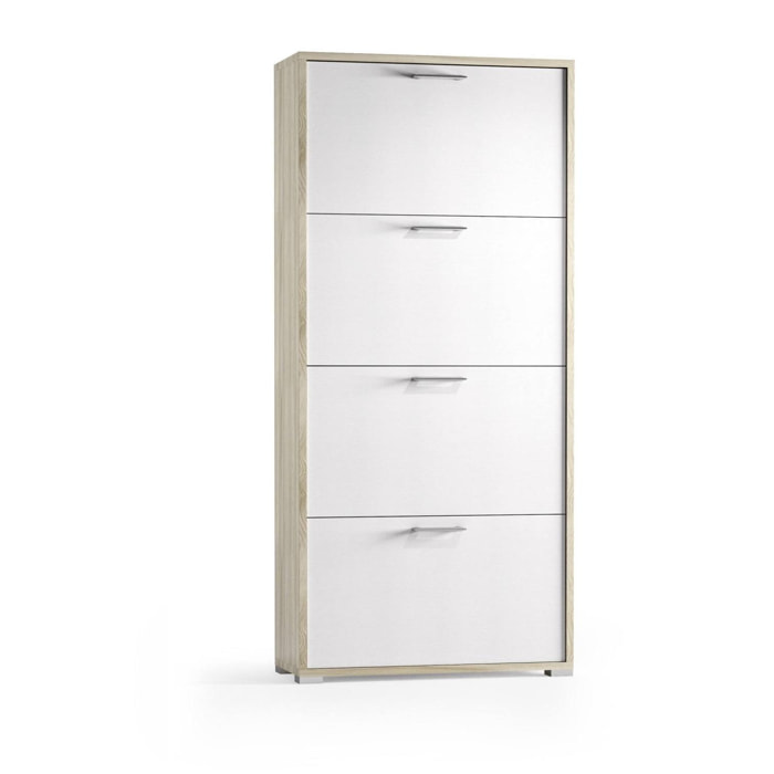 Scarpiera Rosa, Mobile multiuso da ingresso con 4 ante a ribalta, Armadietto portascarpe a doppia profondità, 100% Made in Italy, Cm 67x28h147, Bianco e Olmo