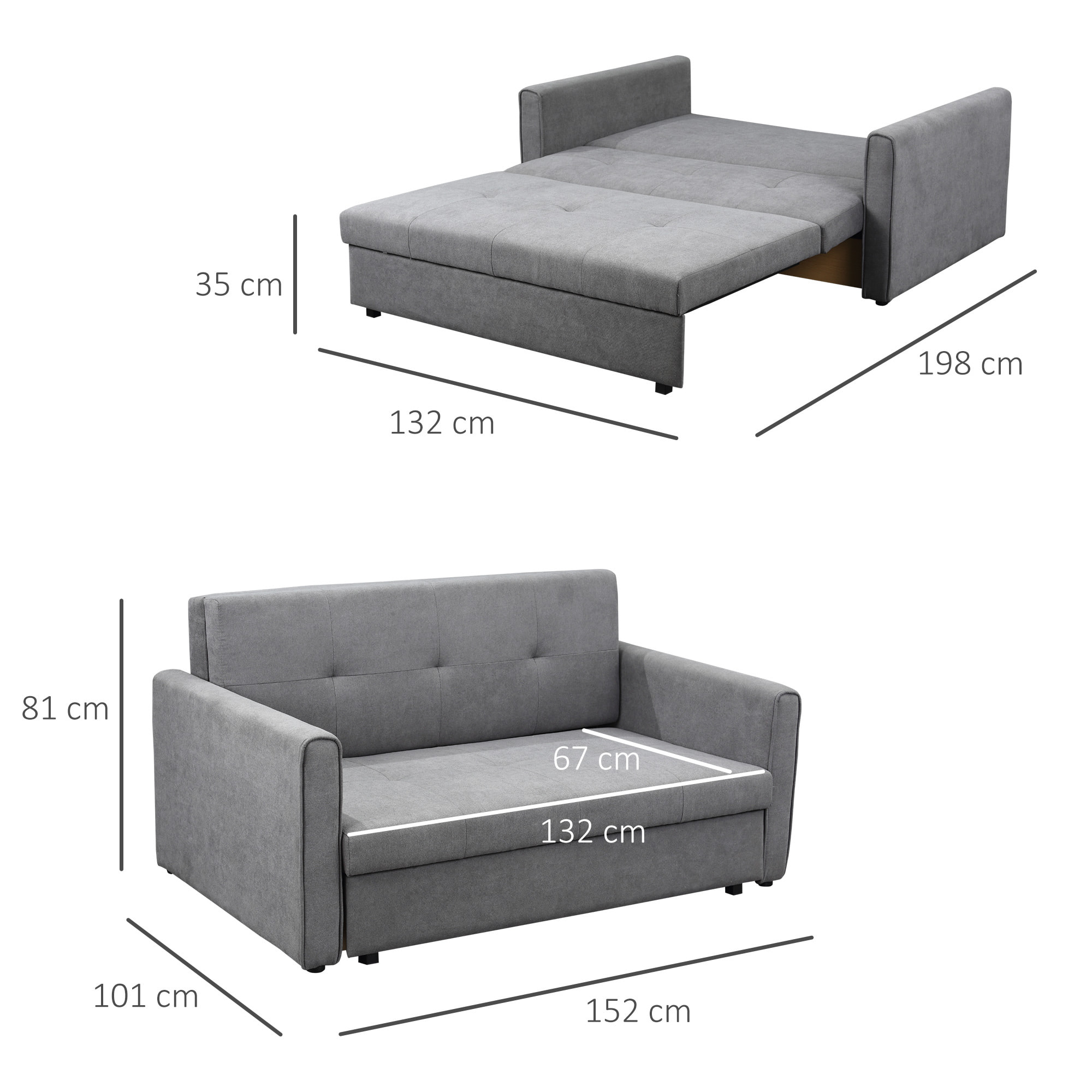 Sofá Cama de 2 Plazas con 2 Cojines Desmontables Reposabrazos Base de Almacenaje