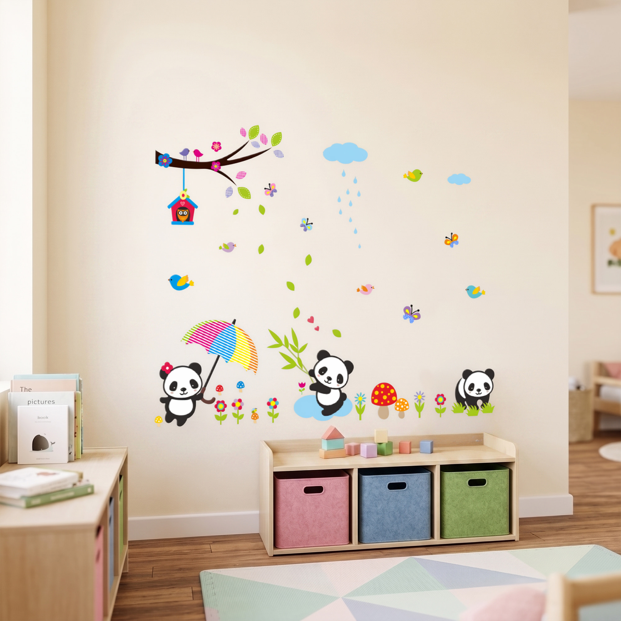Stickers Muraux décoration adhésifs bébés pandas jouant sous la pluie