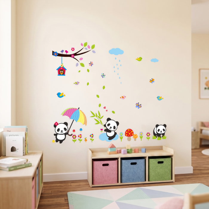 Stickers Muraux décoration adhésifs bébés pandas jouant sous la pluie