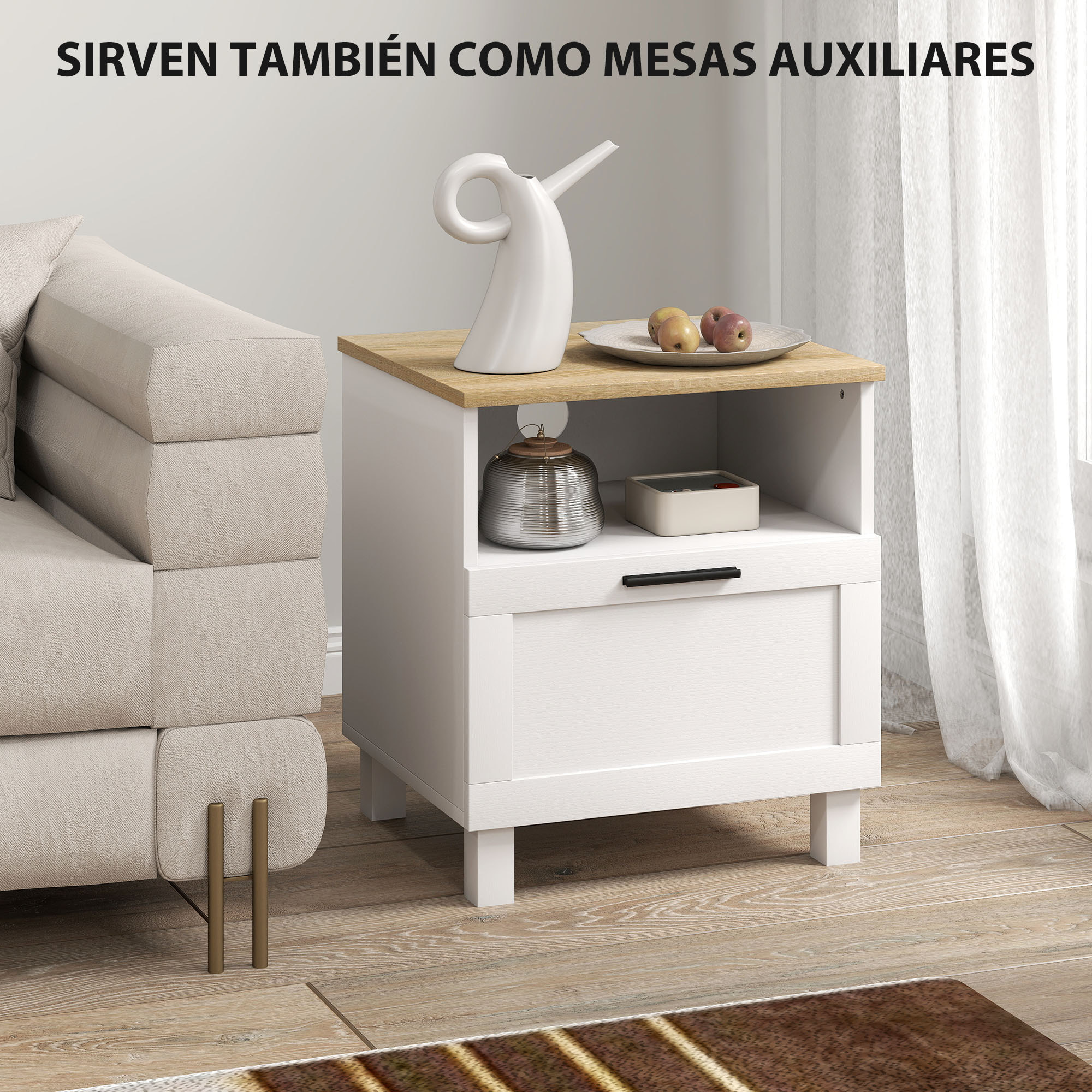 Juego de 2 Mesitas de Noche Modernas, Mesillas de Noche con Cajón, Compartimento Abierto, Patas de Madera, Mesa Auxiliar para Salón, Dormitorio, 45x38x50 cm, Blanco
