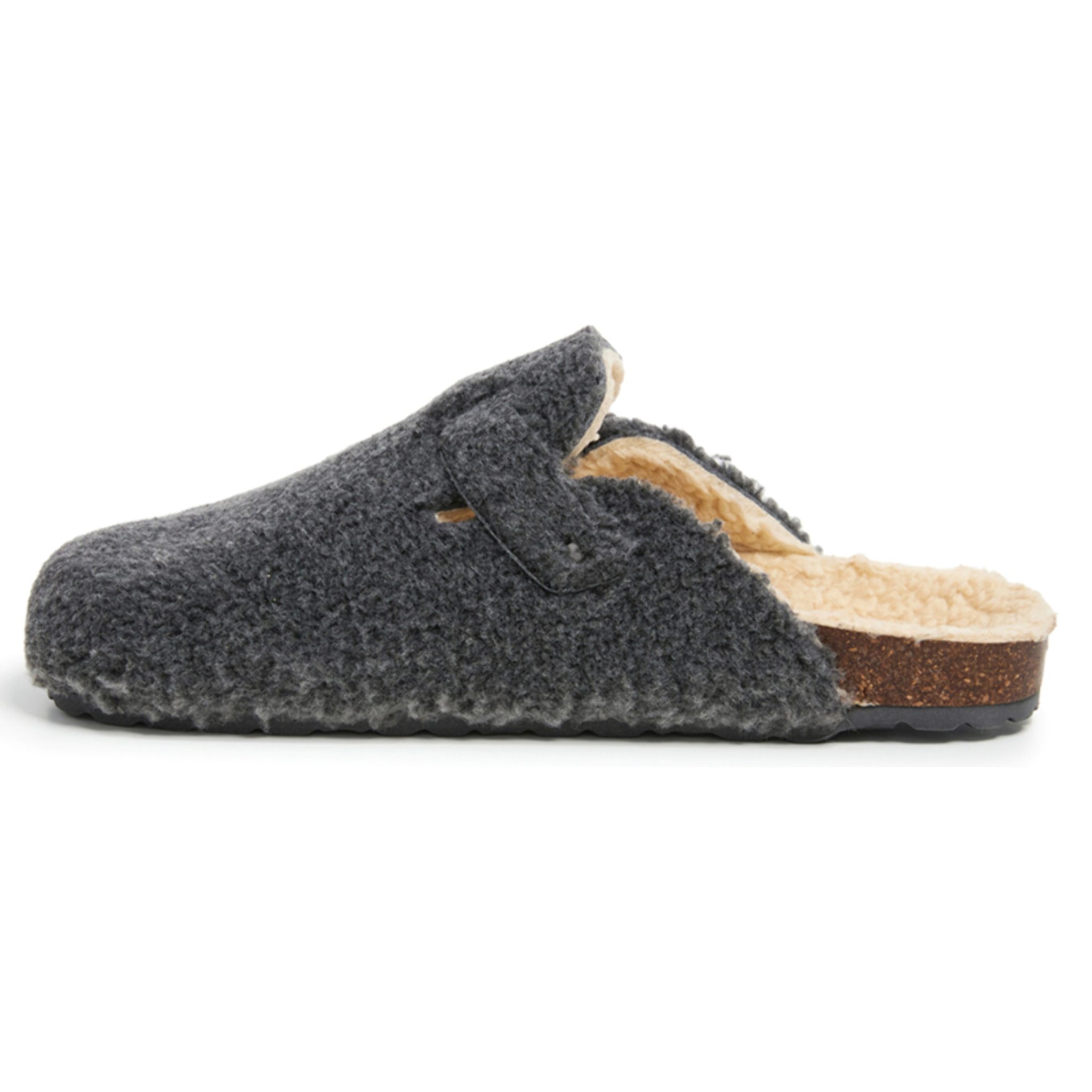 Zueco de borreguito con hebilla rectangular. BABUNKERS GRIS
