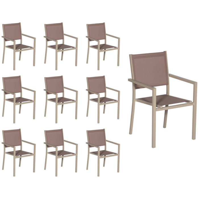 Lot de 10 chaises en aluminium taupe - textilène taupe