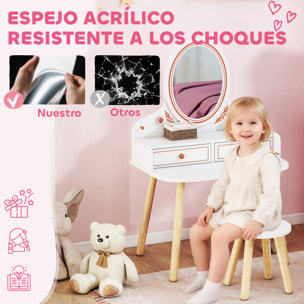 Tocador de Maquillaje Niña, Tocador Infantil con Taburete y Espejo, 2 Cajones y Barras Colgantes, para Niños de 3 a 8 Años, Blanco