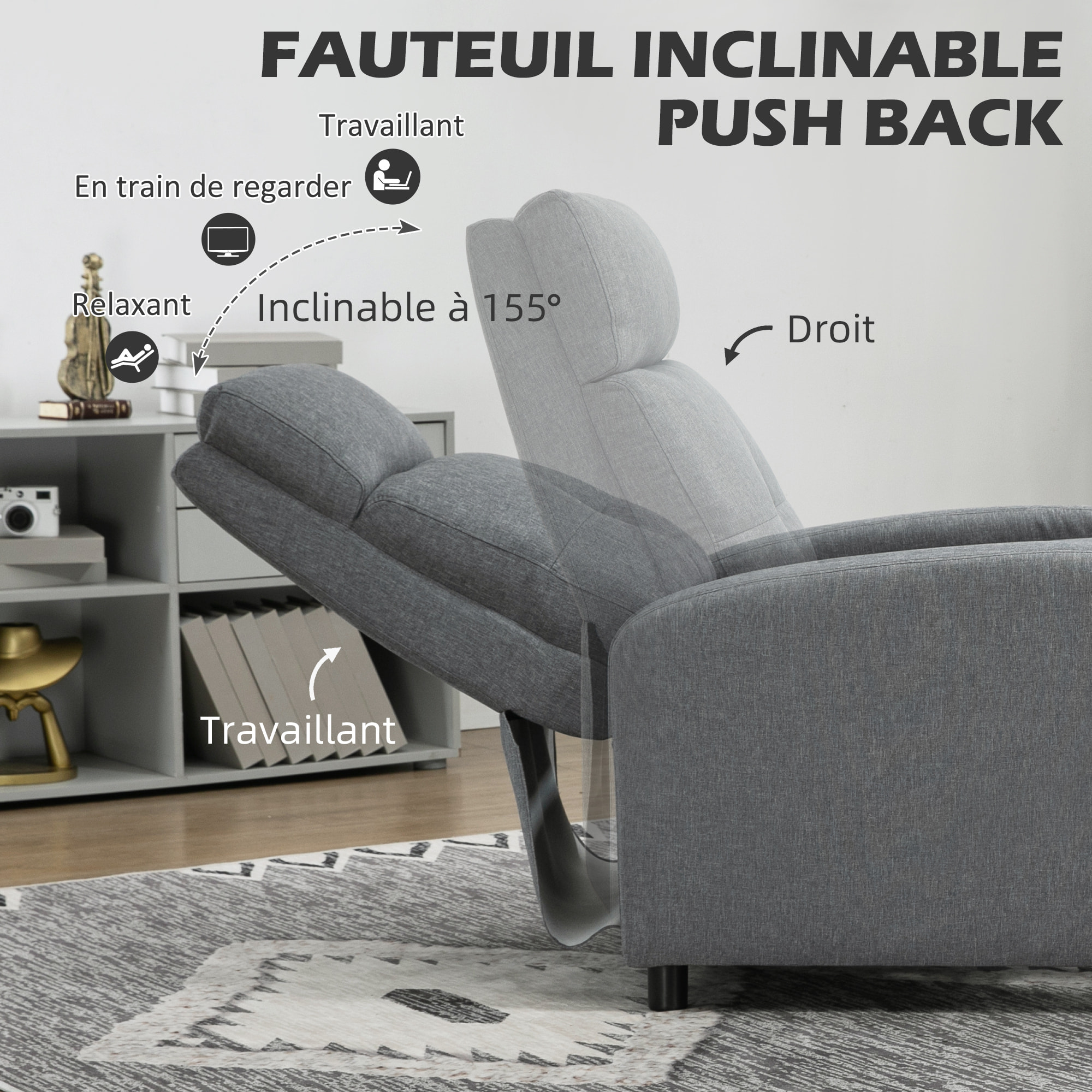 Fauteuil de relaxation grand confort dossier inclinable repose-pied ajustable tissu gris