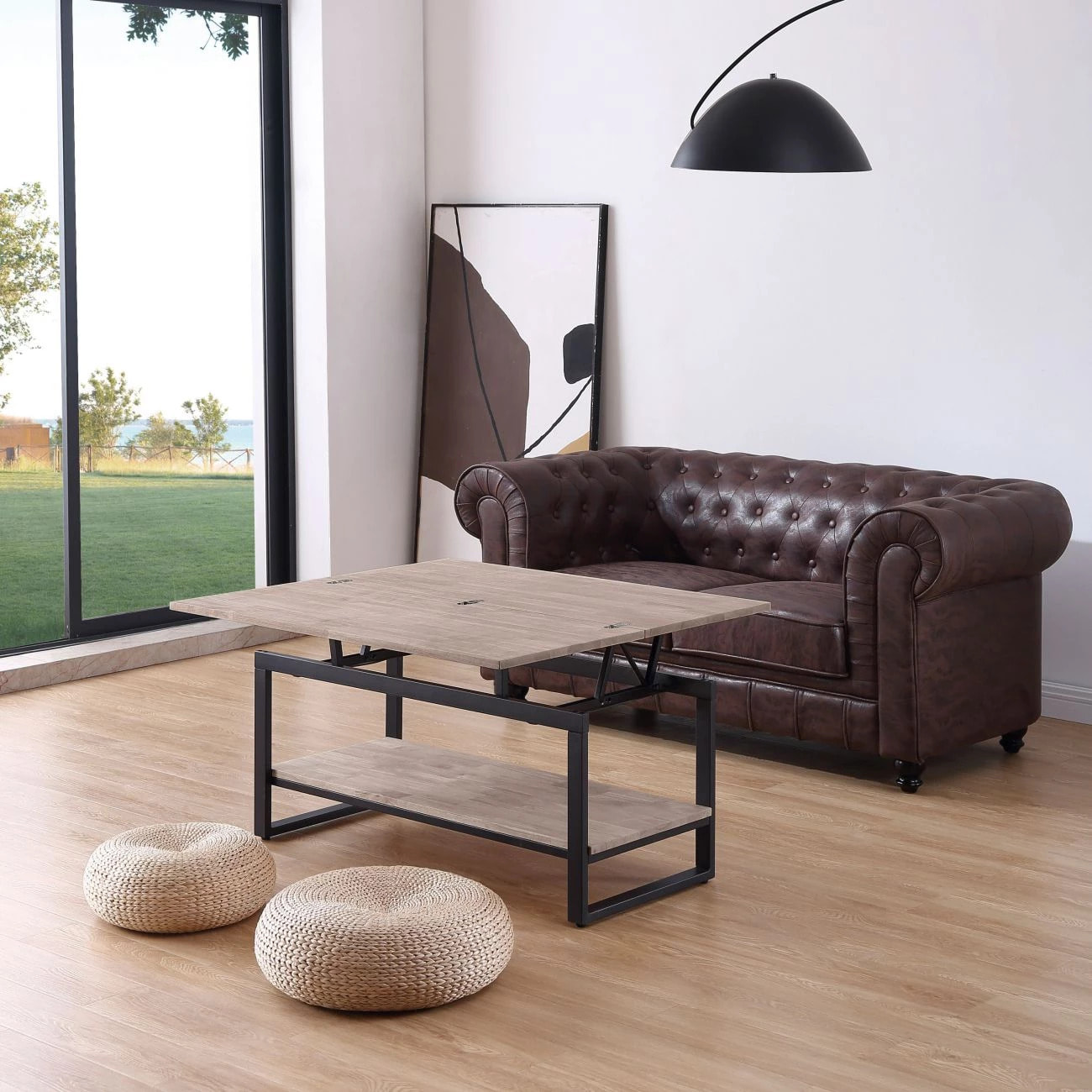 Mesa de centro elevable y extensible en negro y roble honey 46-91x48,3-57,6 Rens Roble Honey - Negro