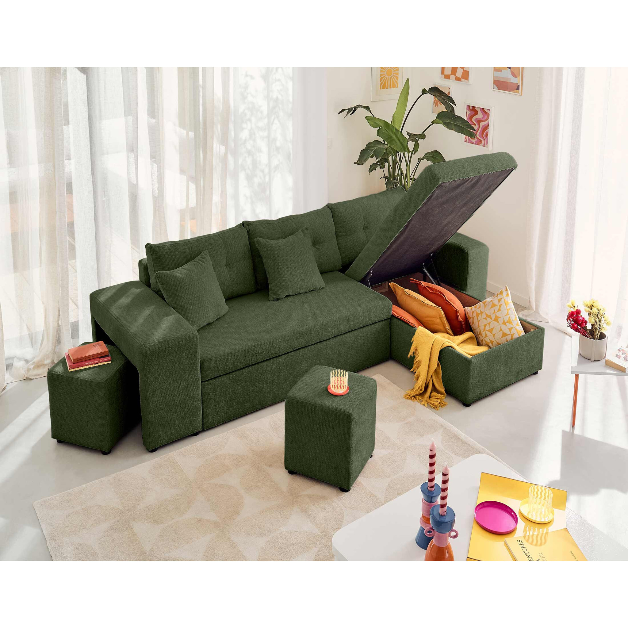 California - canapé d'angle réversible 4 places - convertible avec coffre, étagère et poufs - en velours texturé - Vert