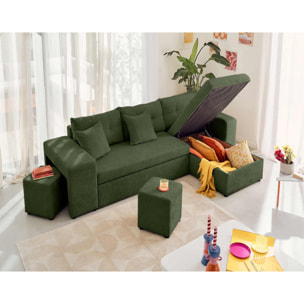 California - canapé d'angle réversible 4 places - convertible avec coffre, étagère et poufs - en velours texturé - Vert