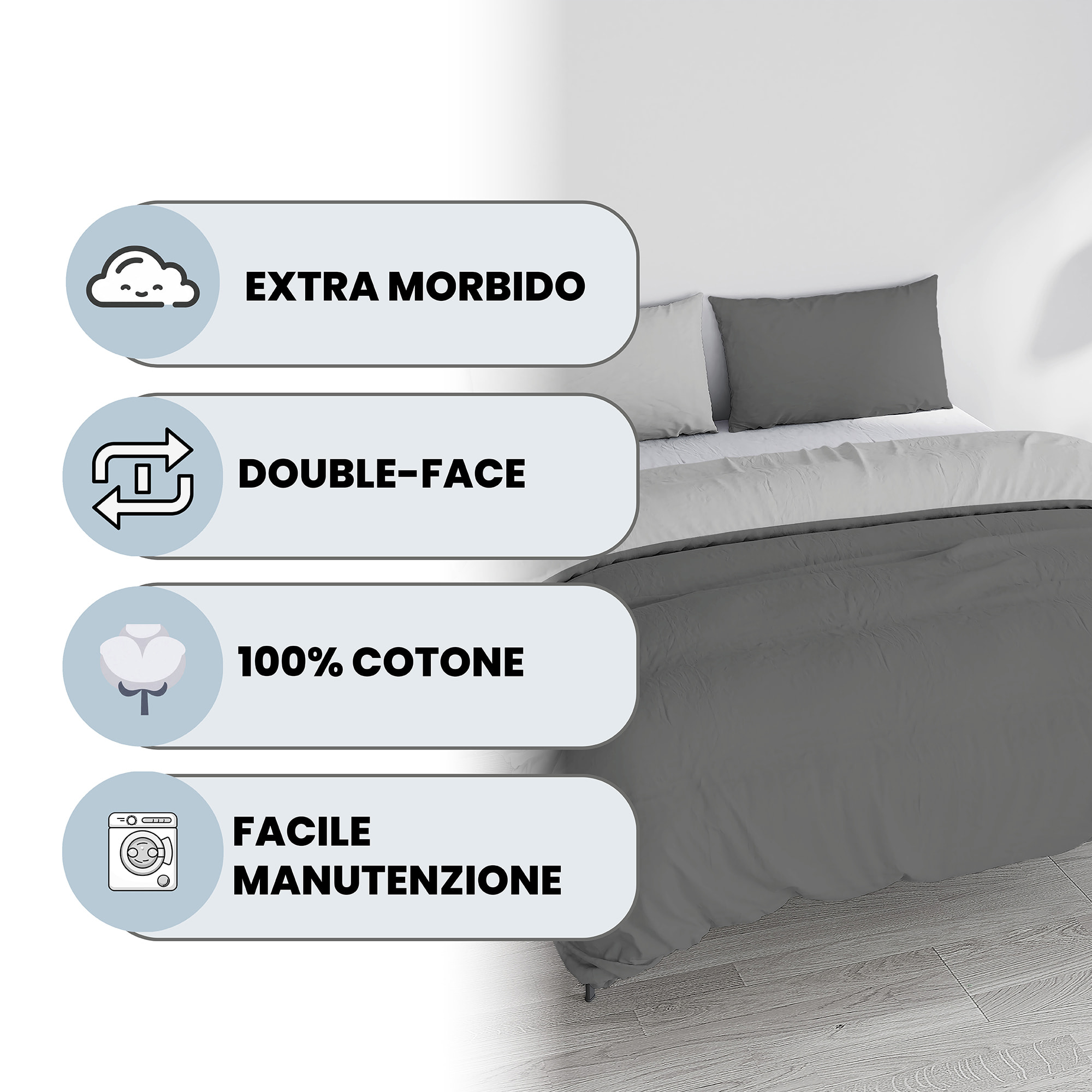 PARURE COPRIPIUMINO NATURAL COLOR, 100% Cotone, Made in Italy - FUMO/GRIGIO CHIARO