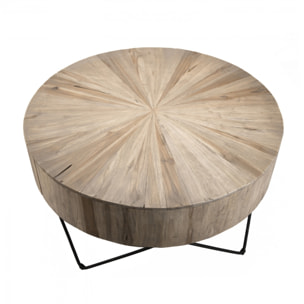 LALY - Table basse ronde 90x90cm bois Teck naturel pieds épingles scandi métal noir