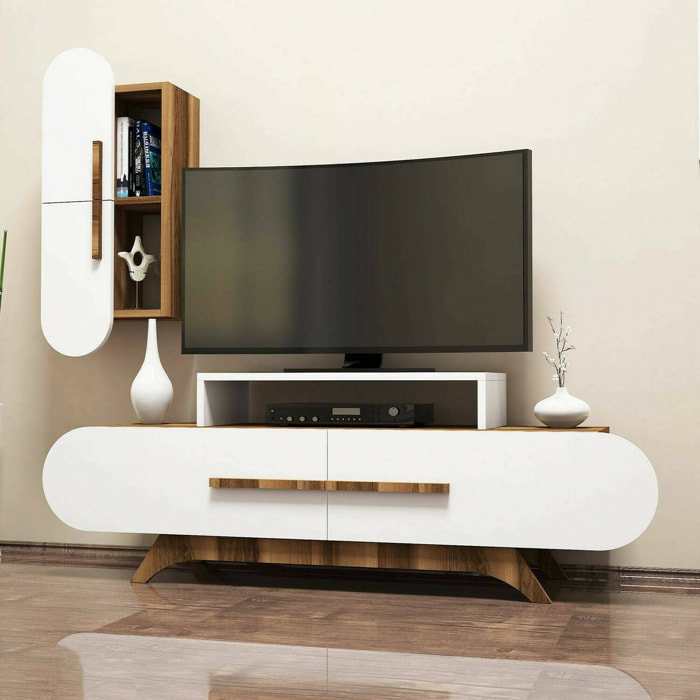 Parete attrezzata Dpiccol, Composizione soggiorno, Mobile salotto multiuso, Armadio porta TV, 145x37h50 cm, Noce e Bianco