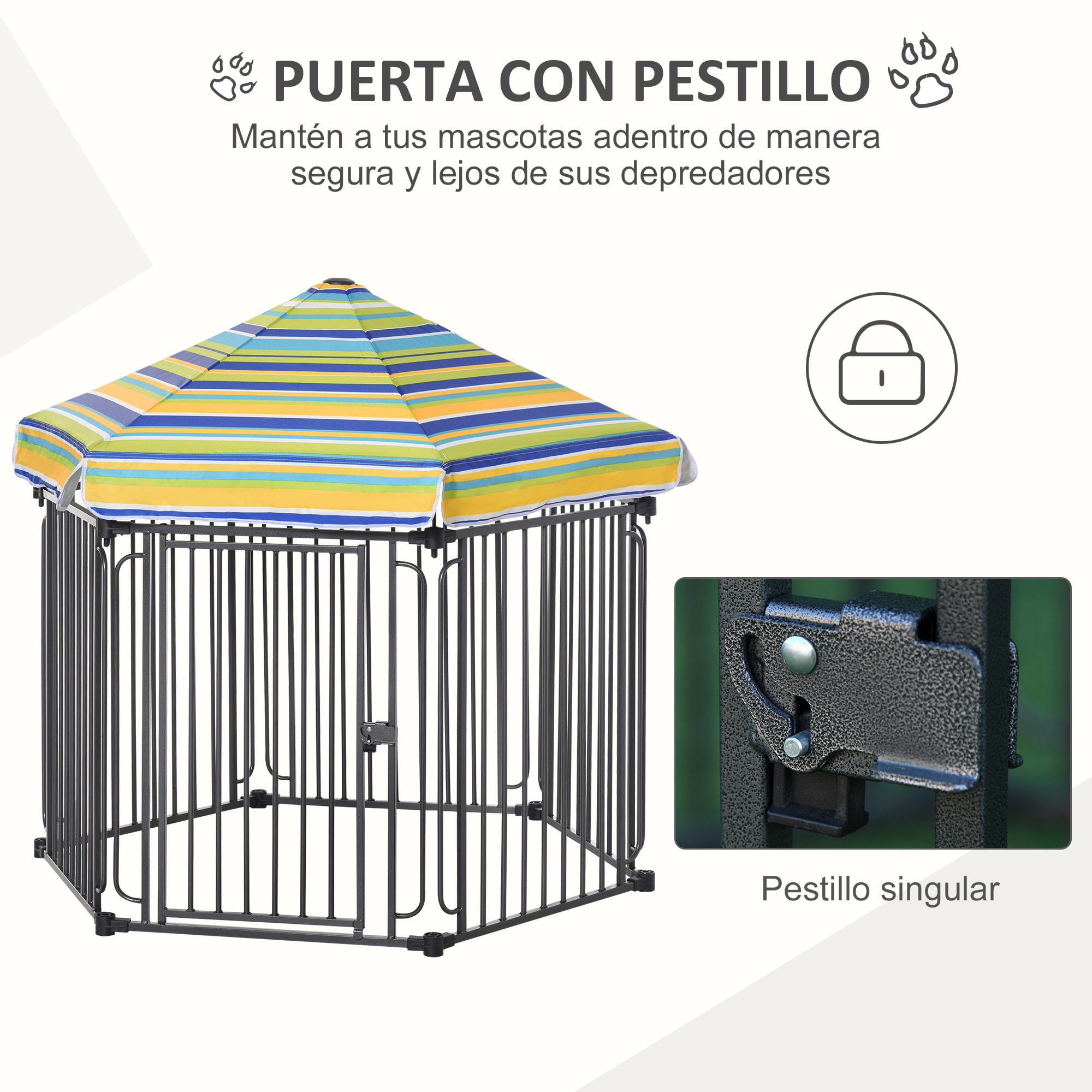 Parque para Perros 6 Vallas de Metal 61x76 cm Corrales Desmontables para Perros con Techo Hexagonal y Puerta con Cierre de Seguridad 122x105x119 cm Negro y Colorido