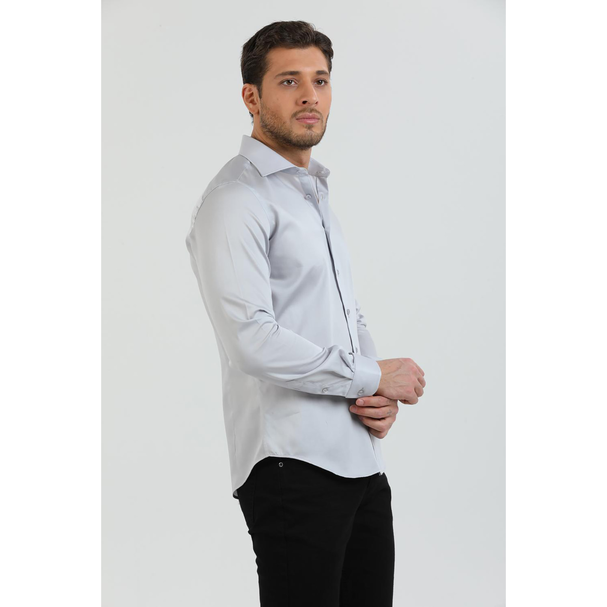 Camicia Uomo 1 Bottone Francese Slim Satin Unito Grigio