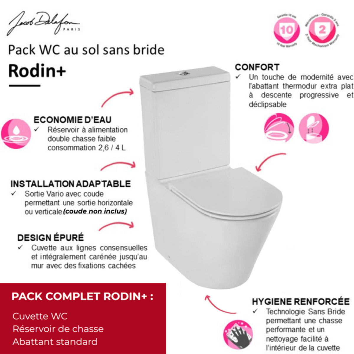 WC à poser sans bride sortie universelle Rodin+ avec abattant frein de chute