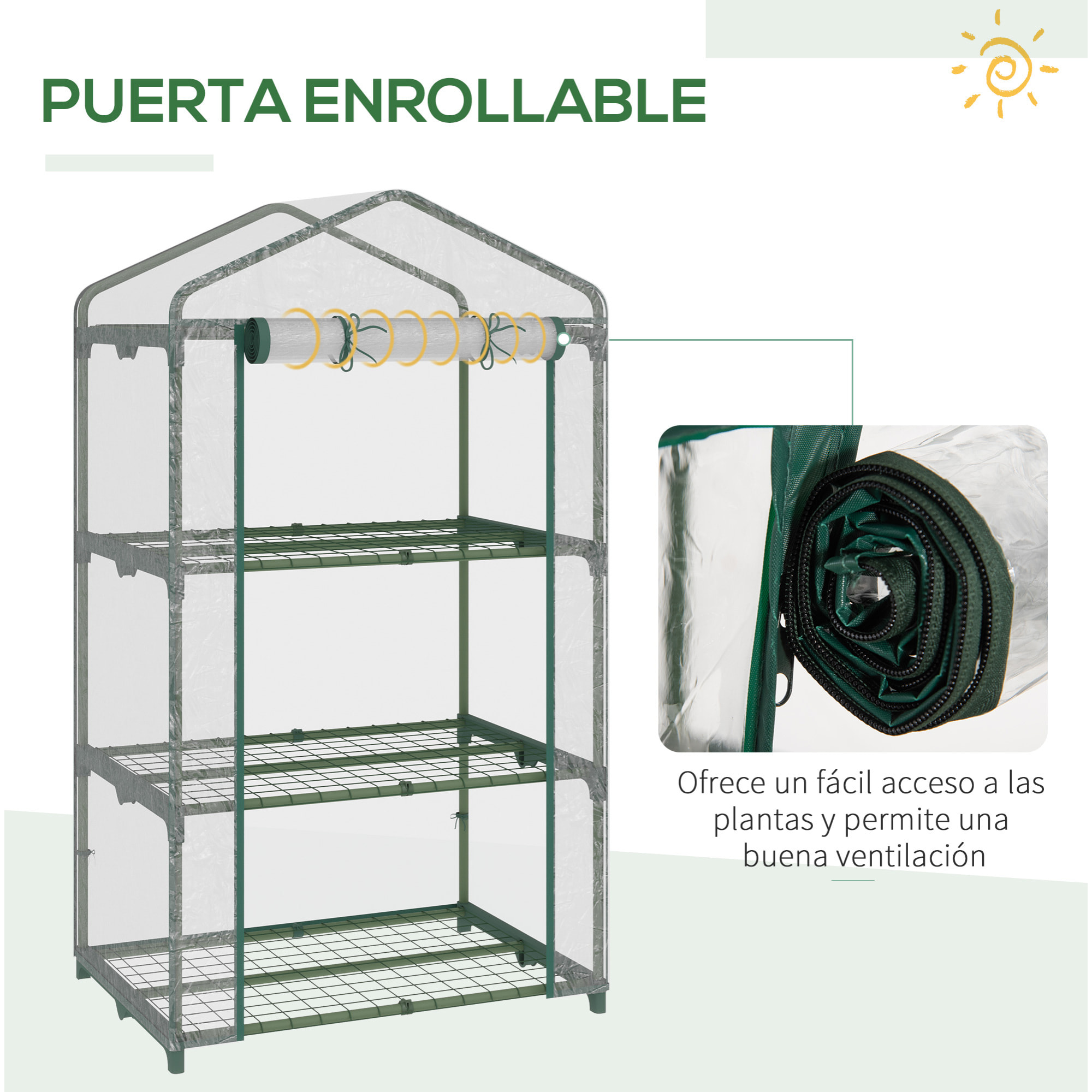 Invernadero de Jardín con 3 Estantes Metálicos y Puerta Enrollable 69x49x125 cm