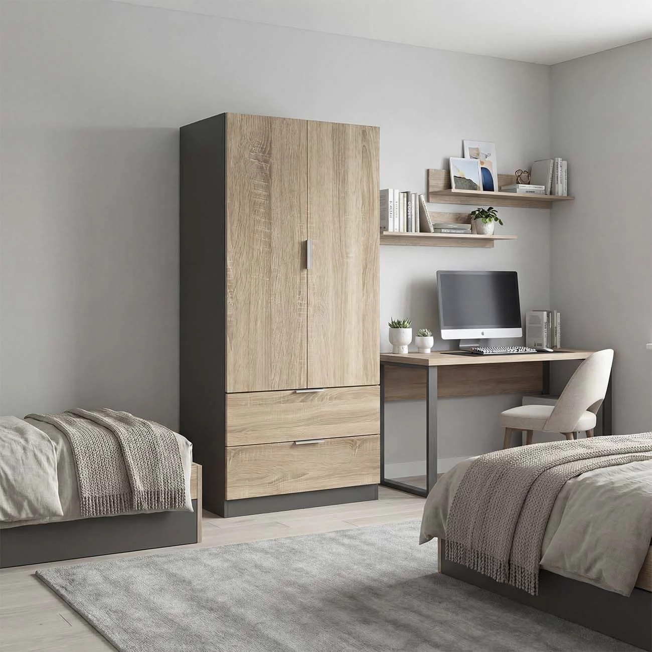 Armario de 2 puertas y 2 cajones en gris grafito y roble canadian 81,5x180 cm Lark Gris Grafito - Roble Canadian