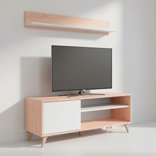 Mobile TV Con Mensola Parete Attrezzata In Stile Nordico Da 135 Cm Con Anta Push E Vani Multimediali Mobile Porta TV 135 x 50 x 40 Cm Rovere E bianco