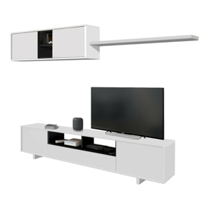 Parete attrezzata Hartford, Mobile da soggiorno porta TV, Composizione set salotto, Set salotto con pensile, cm 260x41h46, Bianco lucido