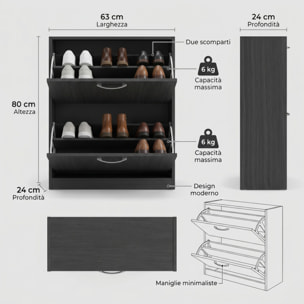 Scarpiera 2 ante salvaspazio in finitura rovere, mobile porta scarpe compatto fino a 12 paia, design moderno e funzionale, ideale per ingresso e corridoio, struttura resistente, facile da montare con istruzioni e accessori inclusi