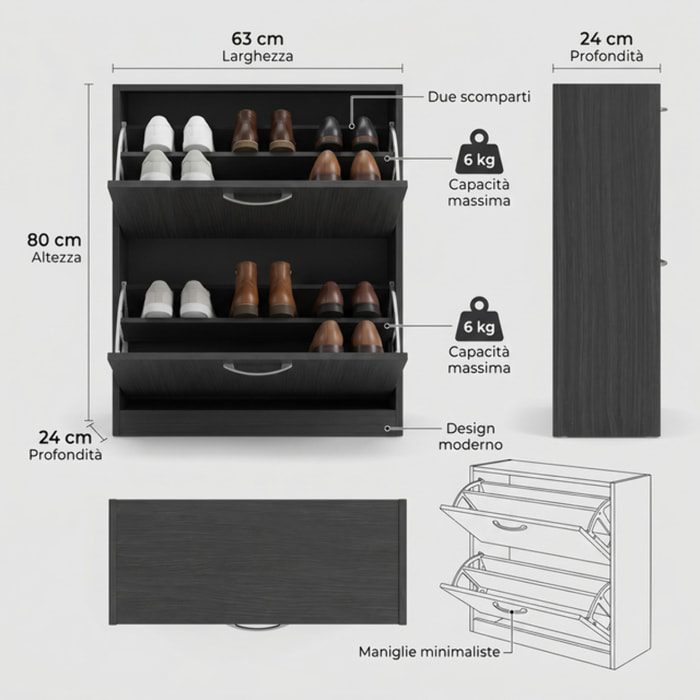 Scarpiera 2 ante salvaspazio in finitura rovere, mobile porta scarpe compatto fino a 12 paia, design moderno e funzionale, ideale per ingresso e corridoio, struttura resistente, facile da montare con istruzioni e accessori inclusi