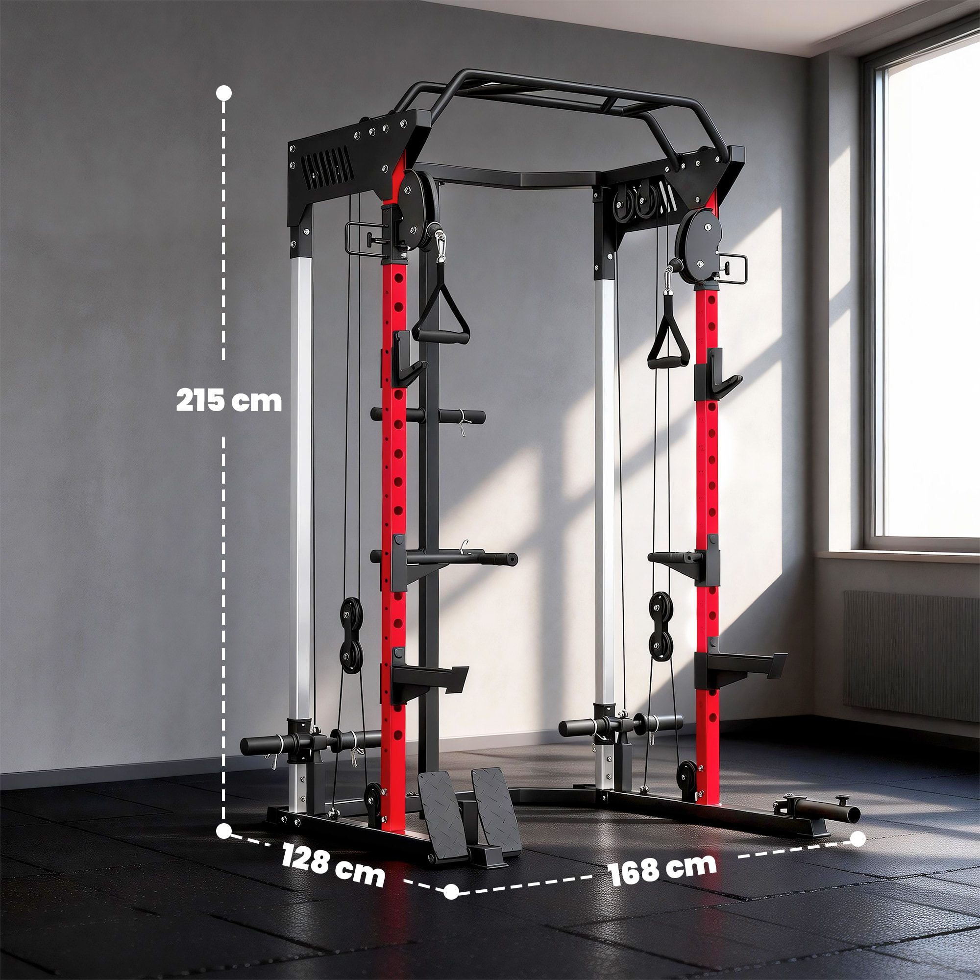 SPORTNOW Jaula de Potencia Musculación con Sistema de Poleas Ajustable, Rack para Sentadillas con Barra de Dominadas, Estación de Fondos, Soporte Barra, para Casa en Gimnasio, Carga 900 kg