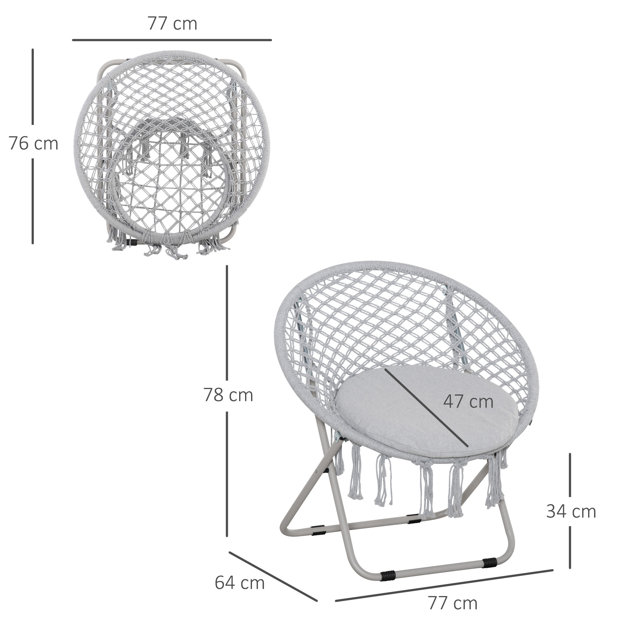 Loveuse fauteuil rond de jardin fauteuil lune papasan pliable grand confort macramé coton polyester gris