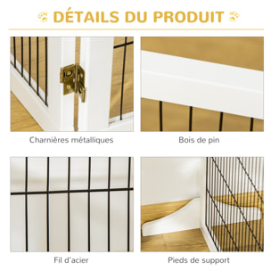 Barrière de sécurité parc enclos chien modulable pliable porte verrouillable intégrée 5 panneaux grillage acier noir bois de pin blanc