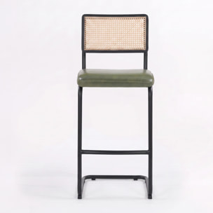 Lot de 2 chaises de bar 76 cm en cannage et cuir vert - Léandre